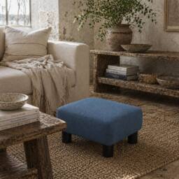 Wyld Haus Fatopa Blue Linen Footstool Compact Rectangular Stool 4 Plastic Feet