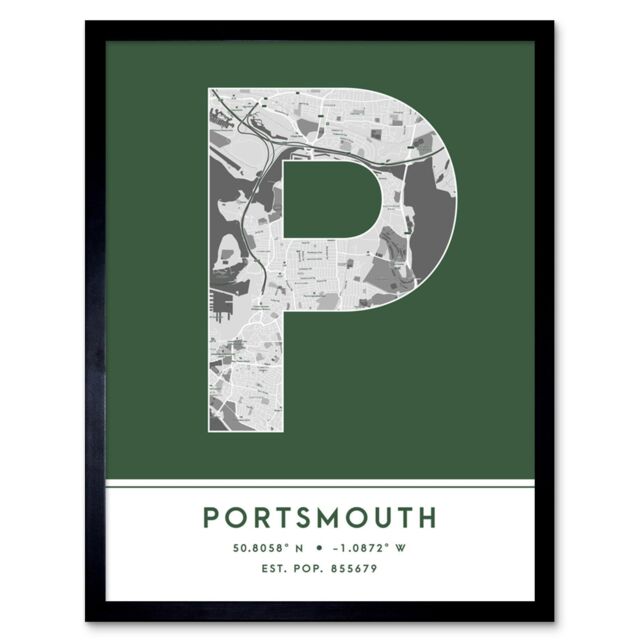 "Wee Blue Coo Wall Art Print Portsmouth England United Kingdom City Map Modern Typography Stylish Letter Framed Word in Green - Size: W12"" x H16""" - image 1