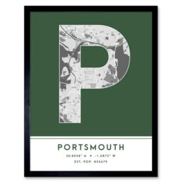 "Wee Blue Coo Wall Art Print Portsmouth England United Kingdom City Map Modern Typography Stylish Letter Framed Word in Green - Size: W12"" x H16""" - thumbnail 1