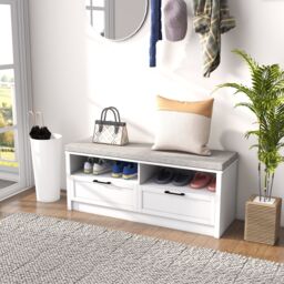 HOMCOM Shoe Storage Bench with Removable Cushion Open Compartment & Drawer in White - thumbnail 1