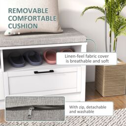 HOMCOM Shoe Storage Bench with Removable Cushion Open Compartment & Drawer in White - thumbnail 5