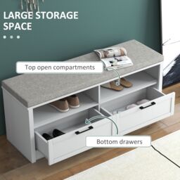 HOMCOM Shoe Storage Bench with Removable Cushion Open Compartment & Drawer in White - thumbnail 4