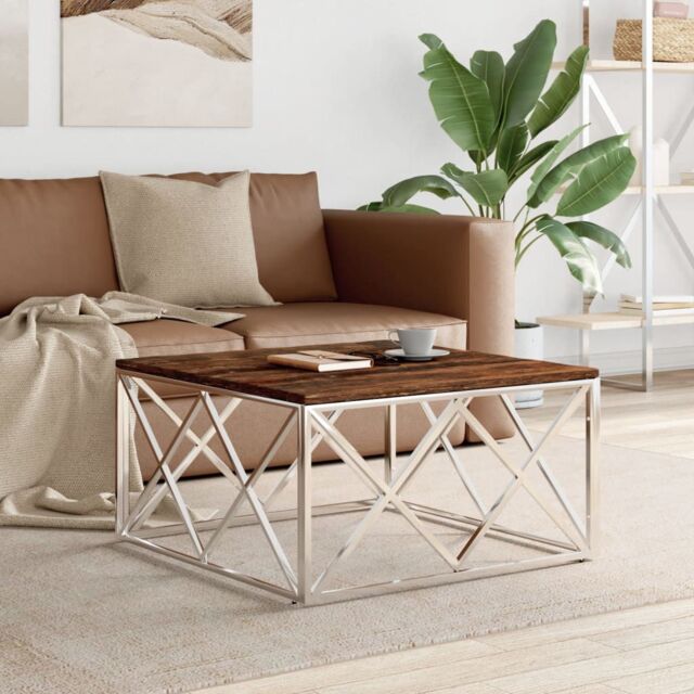 Berkfield Home Coffee Table Stainless Steel & Solid Wood Reclaimed in Silver - image 1