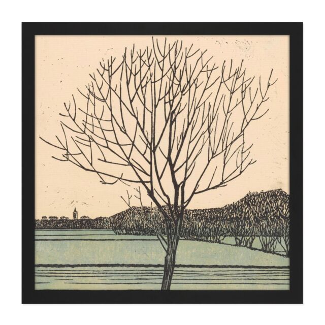 "Artery8 Wall Art Print Julie De Graag Kale Boom Lone Tree Field Woodcut Square Framed Picture 16X16 Inch in Black - Size: W16"" x H16""" - image 1