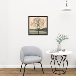 "Artery8 Wall Art Print Julie De Graag Kale Boom Lone Tree Field Woodcut Square Framed Picture 16X16 Inch in Black - Size: W16"" x H16""" - thumbnail 2