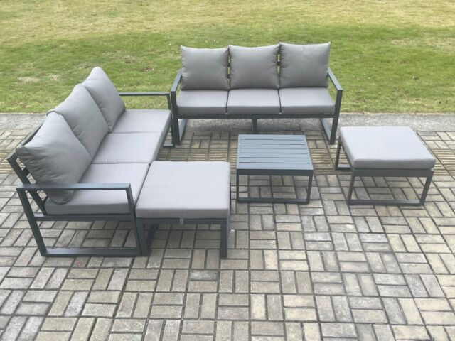 Fimous Aluminium 5 Pieces Garden Furniture Sofa Set with Cushions 8 Seater Outdoor Patio Set with Square Coffee Table 2 Big Footstools in Dark Grey - image 1
