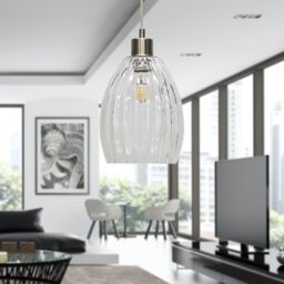 First Choice Lighting Birch - Clear Fluted Glass with Satin Nickel Pendant Fitting - thumbnail 3