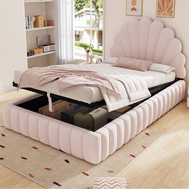 Matteo Women's Pink Velvet Princess Single Bed with Shell Headboard & Ottoman Storage - image 1