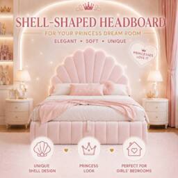 Matteo Women's Pink Velvet Princess Single Bed with Shell Headboard & Ottoman Storage - thumbnail 8
