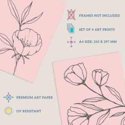 Artery8 Wall Art Print Pack of 4 A4 Minimalist Wildflower Outline Black on Pastel Pink Simple Floral Living Room s Set - thumbnail 4