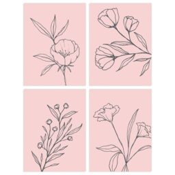Artery8 Wall Art Print Pack of 4 A4 Minimalist Wildflower Outline Black on Pastel Pink Simple Floral Living Room s Set - thumbnail 1
