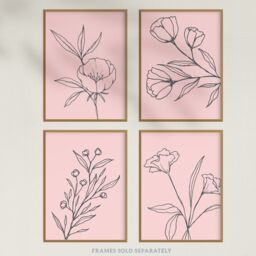 Artery8 Wall Art Print Pack of 4 A4 Minimalist Wildflower Outline Black on Pastel Pink Simple Floral Living Room s Set - thumbnail 5
