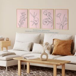 Artery8 Wall Art Print Pack of 4 A4 Minimalist Wildflower Outline Black on Pastel Pink Simple Floral Living Room s Set - thumbnail 3