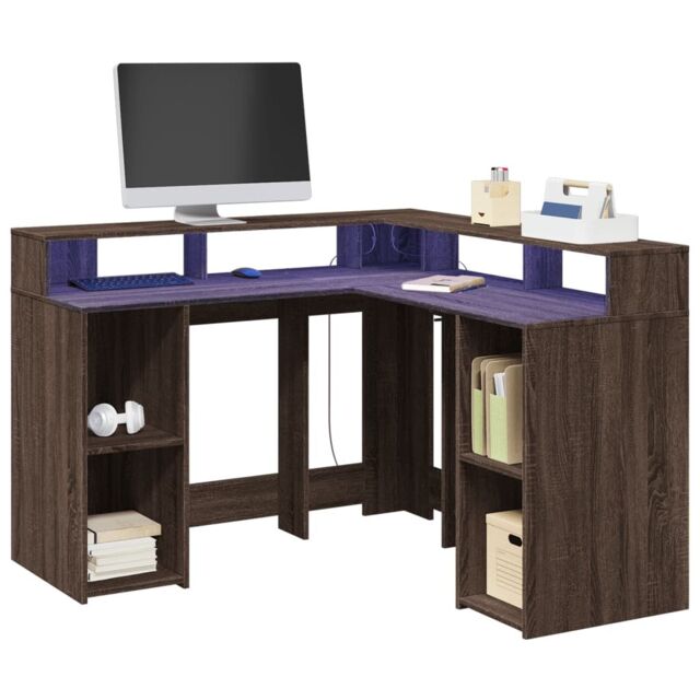 Berkfield Home Desk with LED Lights Brown Oak 130x130x91 cm Engineered Wood - Size: 130 x 130 x 91 cm - image 1