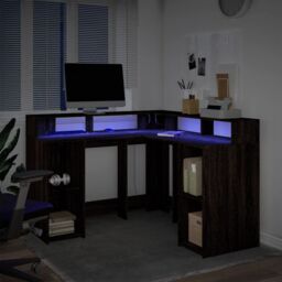 Berkfield Home Desk with LED Lights Brown Oak 130x130x91 cm Engineered Wood - Size: 130 x 130 x 91 cm - thumbnail 5