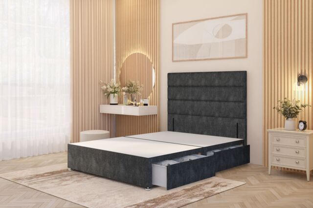 Somnior Chambery Divan Bed Frame 2 Drawers with Floor Standing Headboard Tweed in Charcoal - Size: Small Single - image 1