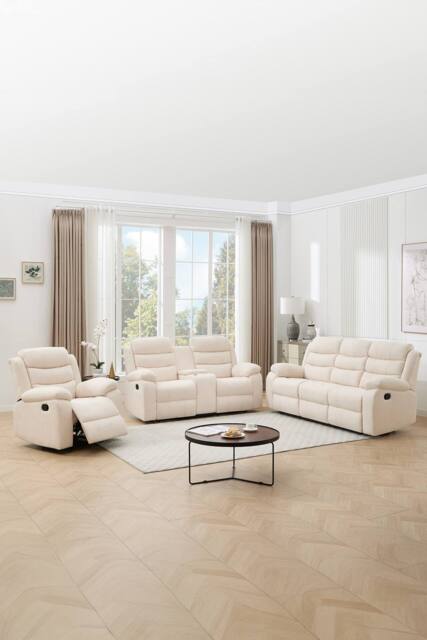 More4Homes Boston Manual Recliner Fabric 1+2+3 Seater Sofa Set w Drinks Console in Beige - image 1