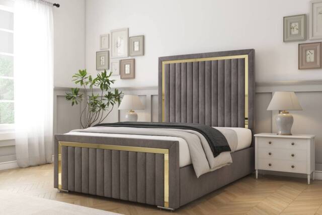 "Comfort Beds Boston Gold Naples Bed Frame - 50"" Upholstered Headboard in Grey - Size: Single" - image 1