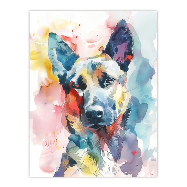 "Artery8 Alsatian German Shephard Dog Lover Watercolour Wall Art Print - Size: W24"" x H32""" - image 1