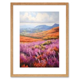 Artery8 Wall Art Print Scottish Heather Fields Oil Painting Purple Orange Blue Scotland Countryside Landscape Artwork Framed 9X7 Inch - thumbnail 1