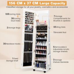 Gymax 360° Rotating Jewelry Armoire With Mirror Standing Jewelry Organizer in White - thumbnail 2