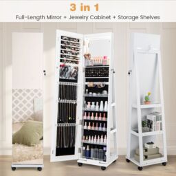Gymax 360° Rotating Jewelry Armoire With Mirror Standing Jewelry Organizer in White - thumbnail 6