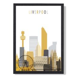 ARTZE Liverpool Yellow & Grey City Skyline Framed Print SIZE: A3 with Black Frame - Size: A4 - thumbnail 1