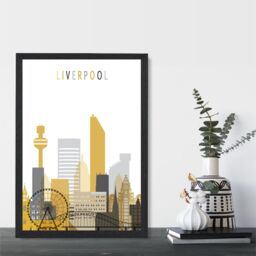 ARTZE Liverpool Yellow & Grey City Skyline Framed Print SIZE: A3 with Black Frame - Size: A4 - thumbnail 2