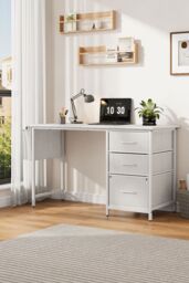 Living and Home Compact Computer Desk with Fabric Drawers and Side Storage Bag in White