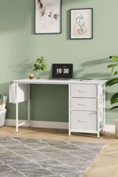 Living and Home Compact Computer Desk with Fabric Drawers and Side Storage Bag in White - thumbnail 2