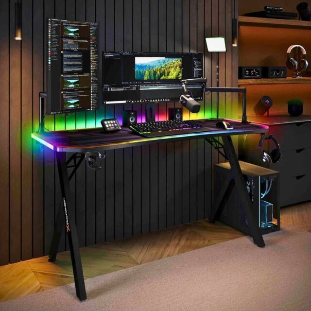 X Rocker Lumio LED Gaming Desk, Mousepad, Cupholder & Headphone Hook in Black - Size: Large - image 1