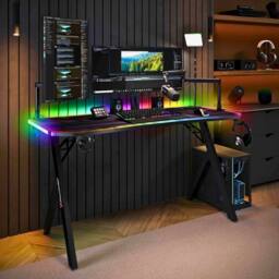 X Rocker Lumio LED Gaming Desk, Mousepad, Cupholder & Headphone Hook in Black - Size: Large - thumbnail 1
