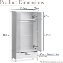 Christow White Double Wardrobe with Drawer 2 Door Bedroom Storage Furniture Cupboard - thumbnail 6