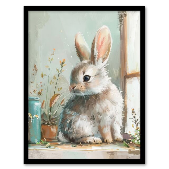 "Artery8 Cute Bunny Rabbit on Window Sill Rustic Painting Framed Wall Art in Light Blue - Size: W12"" x H16""" - image 1