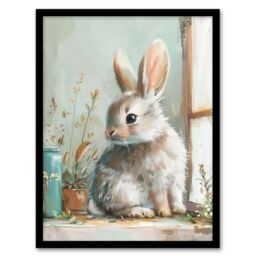 "Artery8 Cute Bunny Rabbit on Window Sill Rustic Painting Framed Wall Art in Light Blue - Size: W12"" x H16""" - thumbnail 1