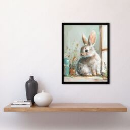 "Artery8 Cute Bunny Rabbit on Window Sill Rustic Painting Framed Wall Art in Light Blue - Size: W12"" x H16""" - thumbnail 4