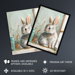 "Artery8 Cute Bunny Rabbit on Window Sill Rustic Painting Framed Wall Art in Light Blue - Size: W12"" x H16""" - thumbnail 2