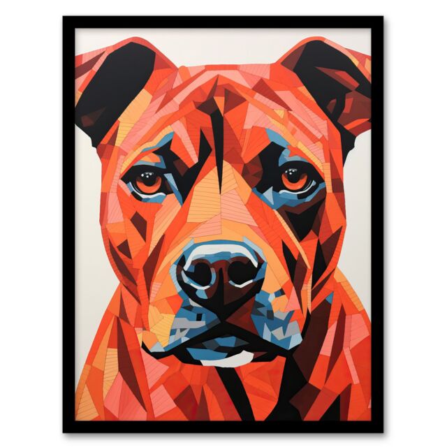 Artery8 Wall Art Print Staffordshire Bull Terrier Golden Red Brown Geometric Artwork Painting Staffie Art Framed in Black - Size: A4 - image 1