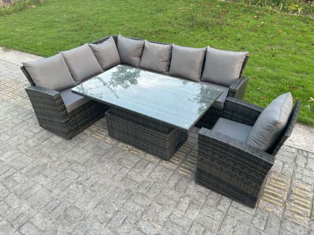 Fimous High Back PE Rattan Corner Sofa Set Garden Furniture Adjustable Rising Lifting Table in Dark Grey - image 1