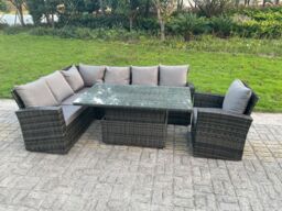Fimous High Back PE Rattan Corner Sofa Set Garden Furniture Adjustable Rising Lifting Table in Dark Grey - thumbnail 2