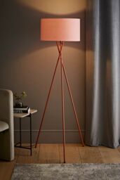 ValueLights Camden Copper Metal Tripod Floor Lamp with Blush Pink Drum Lamp Shade in Dusty Pink