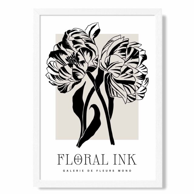ARTZE Camelias Black & Beige Floral Ink Sketch Framed Print SIZE: A4 with White Frame - image 1