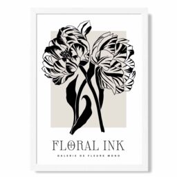 ARTZE Camelias Black & Beige Floral Ink Sketch Framed Print SIZE: A4 with White Frame - thumbnail 1
