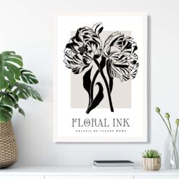 ARTZE Camelias Black & Beige Floral Ink Sketch Framed Print SIZE: A4 with White Frame - thumbnail 2