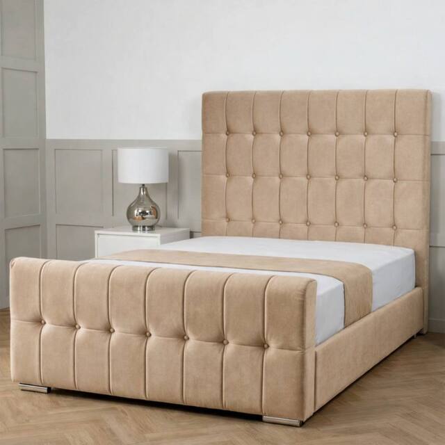 Living Comfort Bedz Belmont Plush Velvet Upholstered Bed Slatted Base - 48 Inch Headboard in Beige - Size: Single - image 1