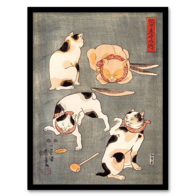 Artery8 Four Cats in Different Poses Kuniyoshi Framed Wall Art Print in Grey - Size: A4 - image 1