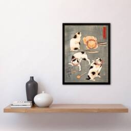 Artery8 Four Cats in Different Poses Kuniyoshi Framed Wall Art Print in Grey - Size: A4 - thumbnail 2