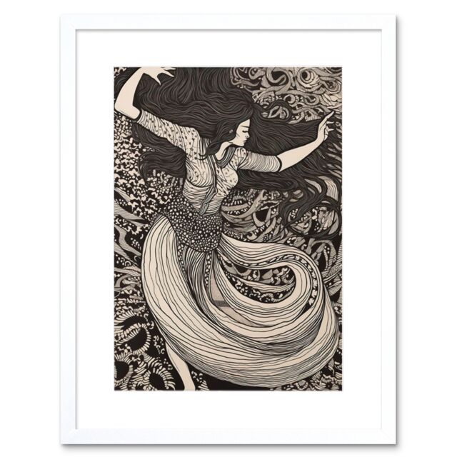 "Artery8 Wall Art Print Long Haired Woman Dancing to Music in Boho Dress Artwork Framed 9X7 Inch in White - Size: W7"" x H9""" - image 1