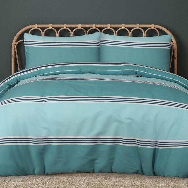 Smart Living Printed Reversible Polycotton Banded Stripe Duvet Cover & Pillowcase in Teal - Size: Single - image 1