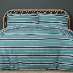 Smart Living Printed Reversible Polycotton Banded Stripe Duvet Cover & Pillowcase in Teal - Size: Single - thumbnail 2